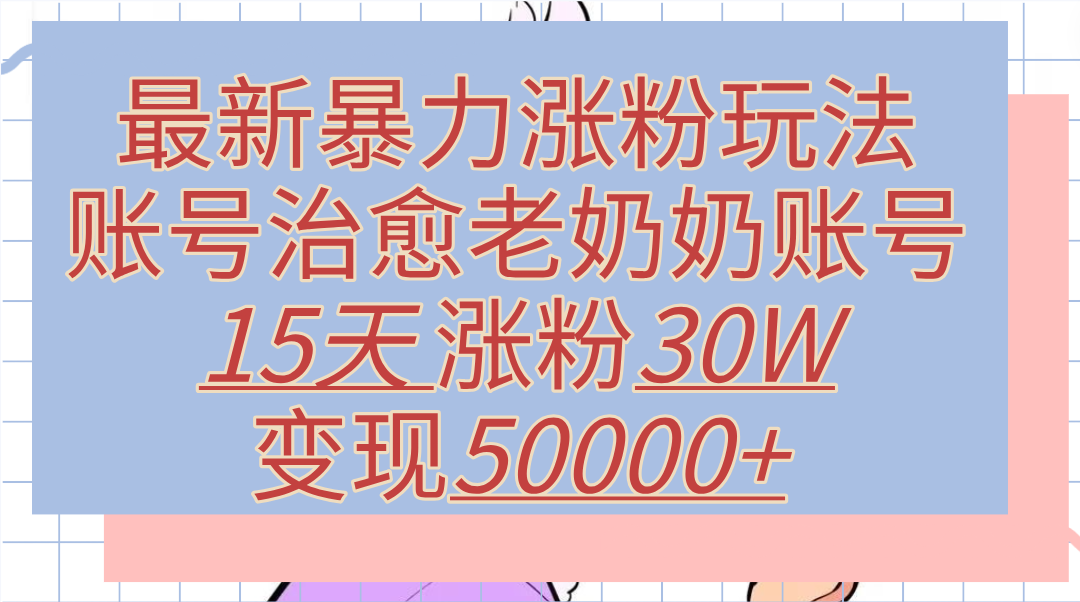 最新暴力涨粉玩法，治愈老奶奶账号，15天涨粉30W，变现50000+【揭秘】-墨昀爱搬砖