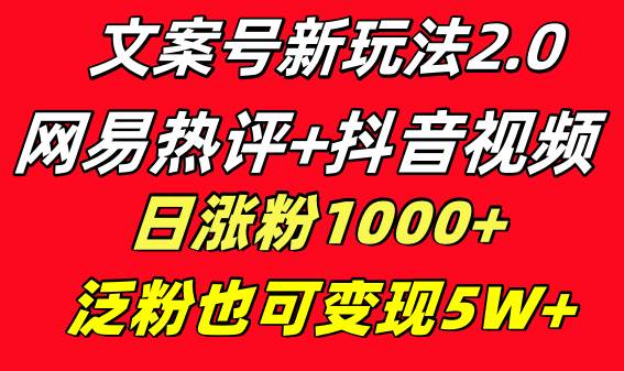 文案号新玩法 网易热评+抖音文案 一天涨粉1000+ 多种变现模式 泛粉也可变现-墨昀爱搬砖