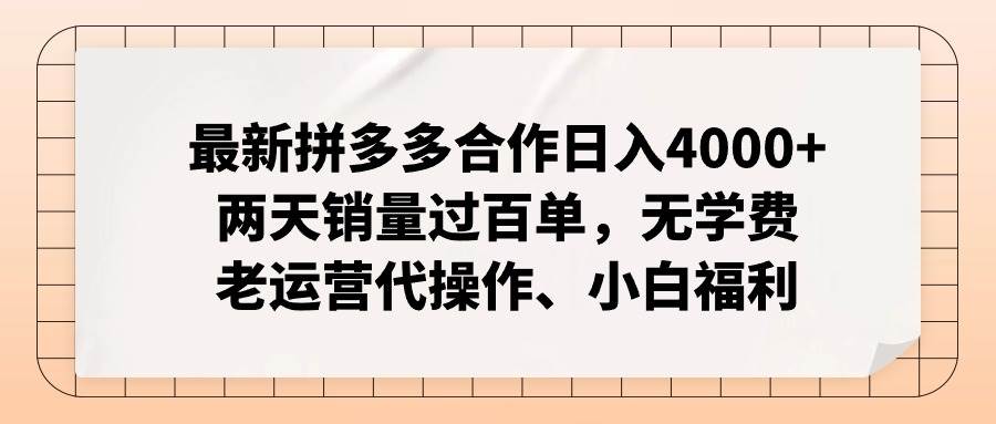 最新拼多多合作日入4000+两天销量过百单，无学费、老运营代操作、小白福利-墨昀爱搬砖