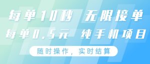纯手机操作项目，每单耗时10秒，无限接单，单笔收益0.5元，支持24小时随时操做-墨昀爱搬砖