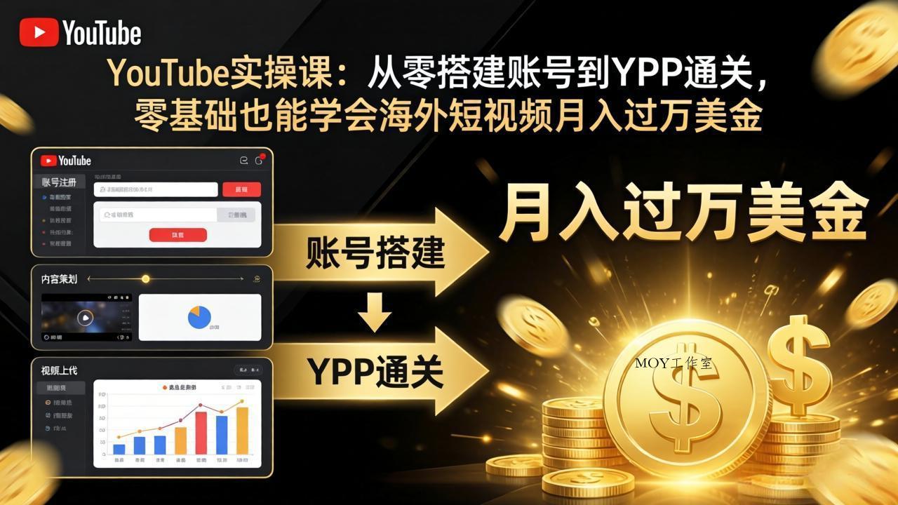 YouTube实操课：从零搭建账号到YPP通关，零基础也能学会海外短视频月入过万美金-墨昀爱搬砖