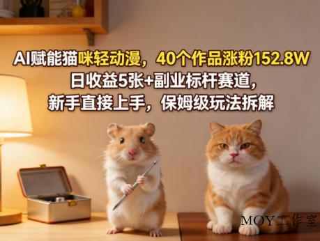 AI赋能猫咪轻动漫，40个作品涨粉152.8W，日收益5张+副业标杆赛道，新手直接上手，保姆级玩法拆解-墨昀爱搬砖