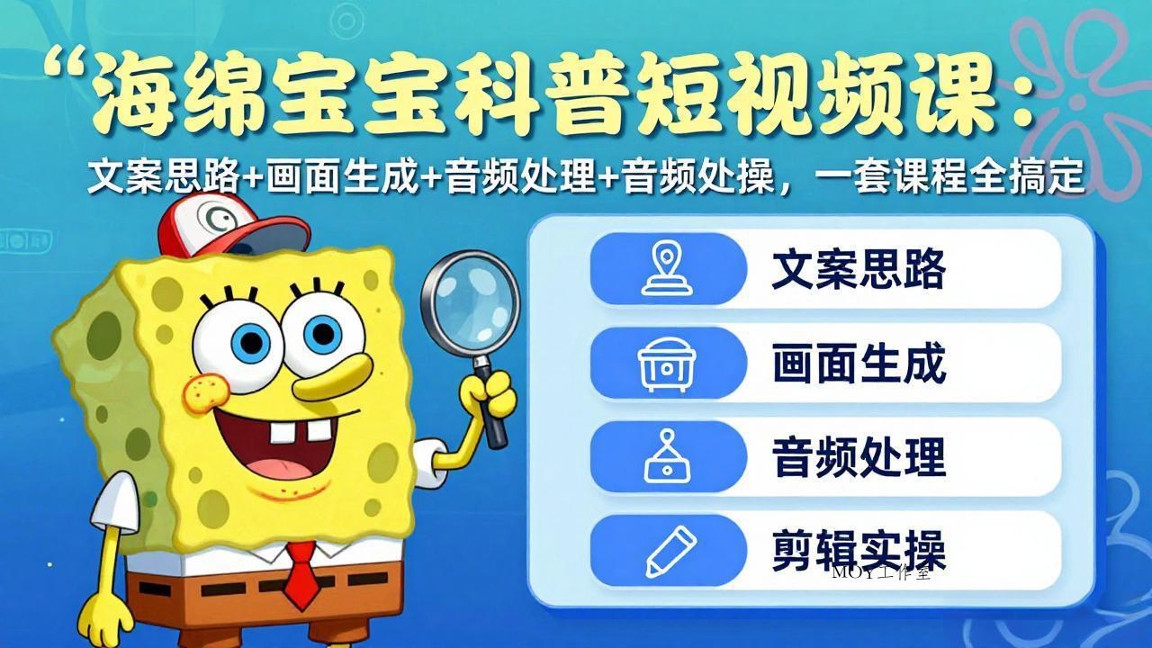 海绵宝宝科普短视频课：文案思路+画面生成+音频处理+剪辑实操，一套课程全搞定-墨昀爱搬砖
