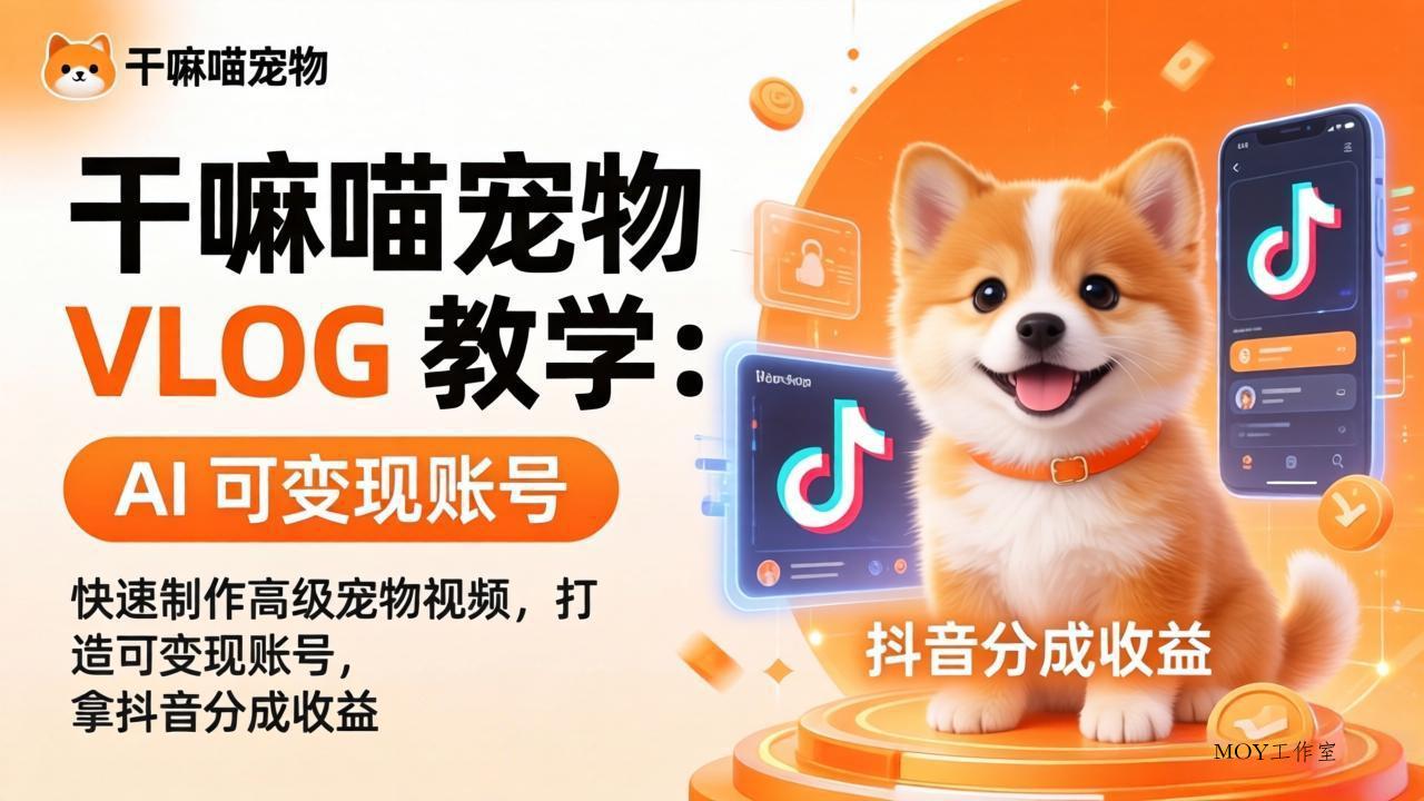 干嘛喵宠物 VLOG 教学：AI 快速制作高级宠物视频，打造可变现账号，拿抖音分成收益-墨昀爱搬砖