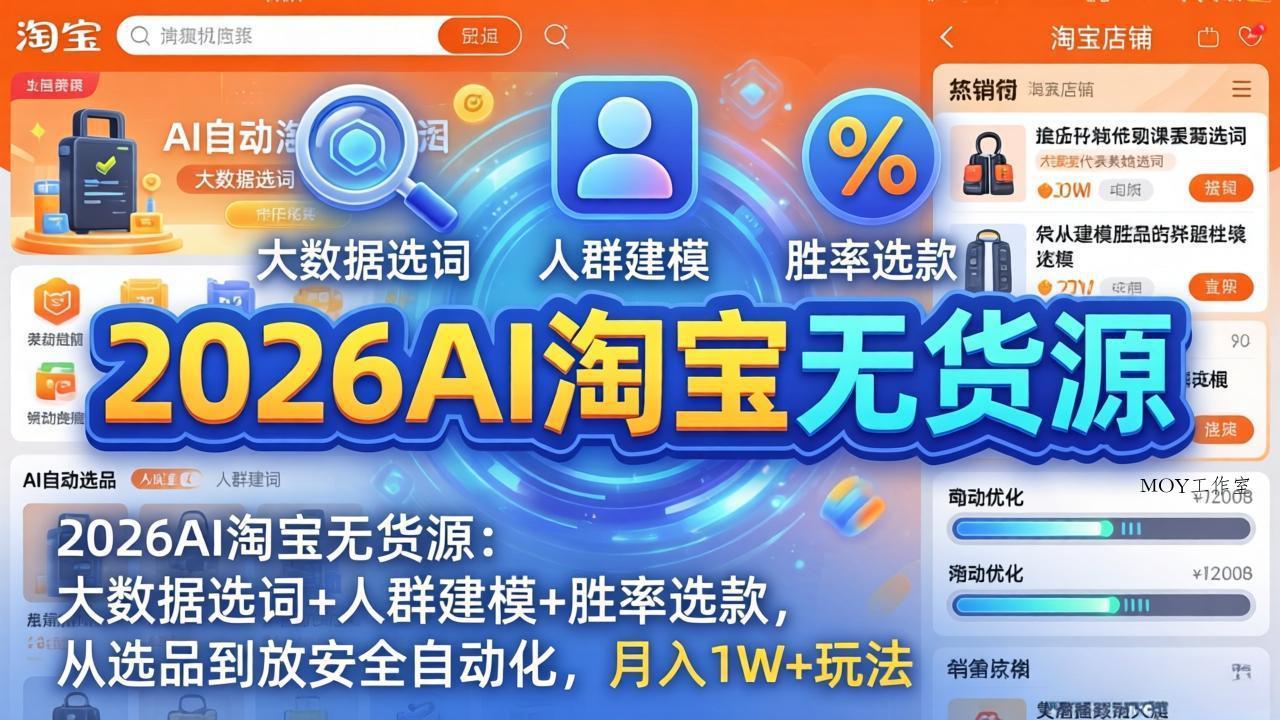 2026AI淘宝无货源：大数据选词+人群建模+胜率选款，从选品到放大全自动化，月入1W+玩法-墨昀爱搬砖