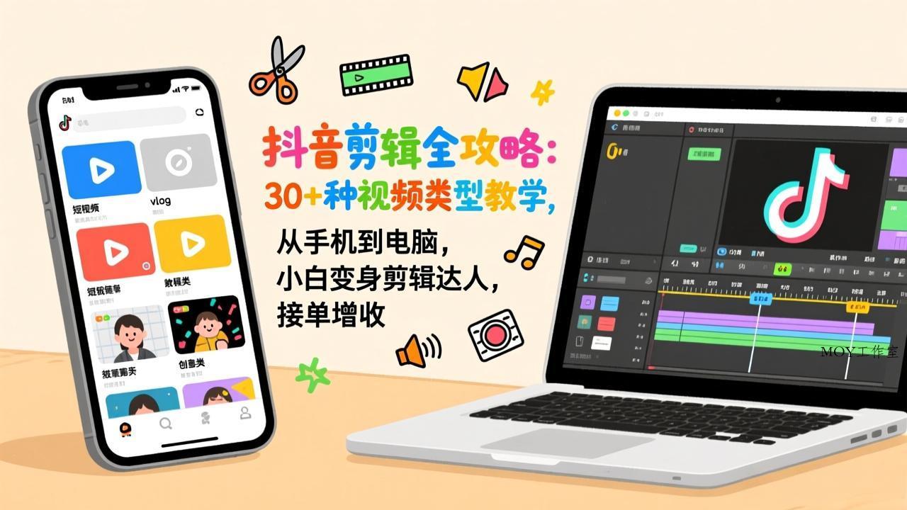 抖音剪辑全攻略：30+种视频类型教学，从手机到电脑，小白变身剪辑达人，接单增收-墨昀爱搬砖