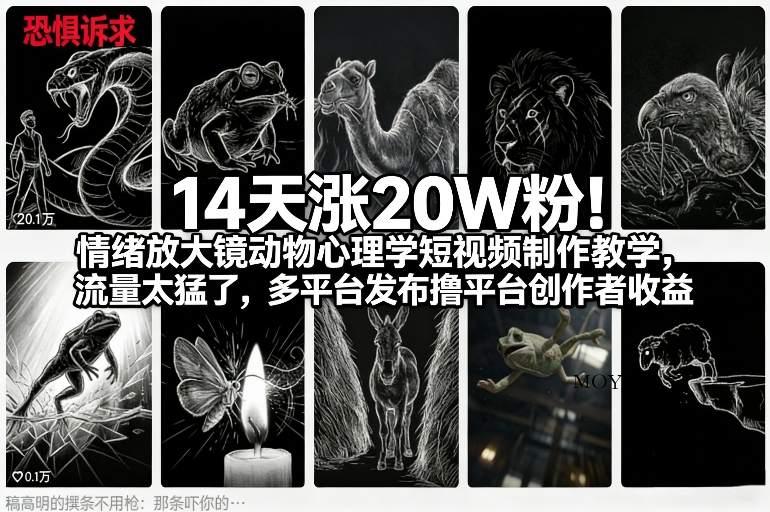 14天涨20W粉！情绪放大镜动物心理学短视频制作教学，流量太猛了，多平台发布撸平台创作者收益-墨昀爱搬砖