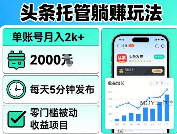头条托管躺賺玩法，单账号月入2k+，每天5分钟发布即可，零门槛被动收益项目【揭秘】-墨昀爱搬砖