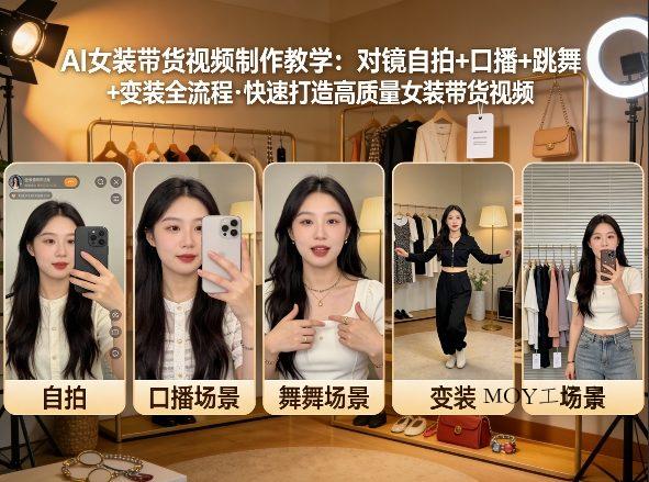 AI女装带货视频制作教学，对镜自拍、口播、跳舞、变装全流程，快速打造高质量女装带货视频-墨昀爱搬砖