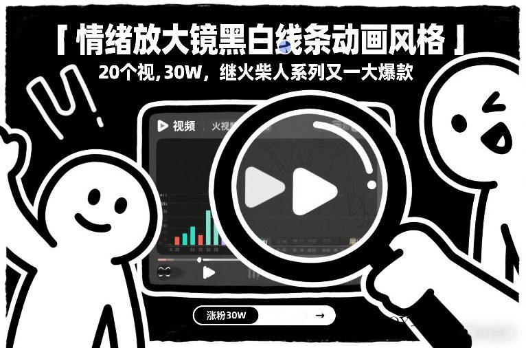 情绪放大镜黑白线条动画风格，20个视频，涨粉30W，继火柴人系列又一大爆款-墨昀爱搬砖
