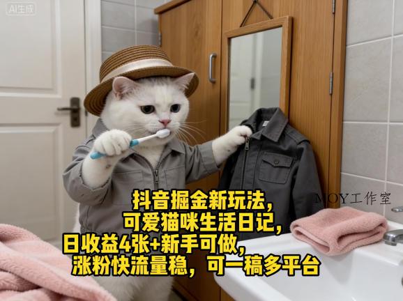 抖音掘金新玩法，可爱猫咪生活日记，日收益4张+新手可做，涨粉快流量稳，可一稿多平台-墨昀爱搬砖
