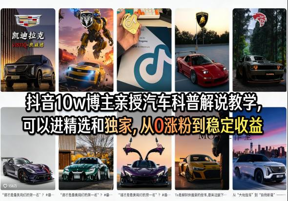 抖音10w博主亲授汽车科普解说教学，可以进精选和独家，从0涨粉到稳定收益(详细视频课程+1T素材)-墨昀爱搬砖