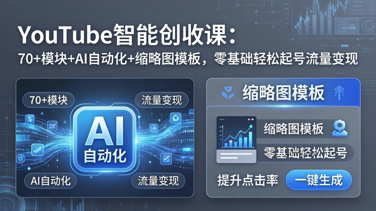 YouTube智能创收课：70+模块+AI自动化+缩略图模板，零基础轻松起号流量变现-墨昀爱搬砖