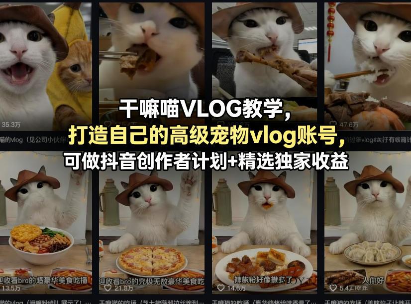 干嘛喵VLOG教学，打造自己的高级宠物vlog账号，可做抖音创作者计划+精选独家收益-墨昀爱搬砖