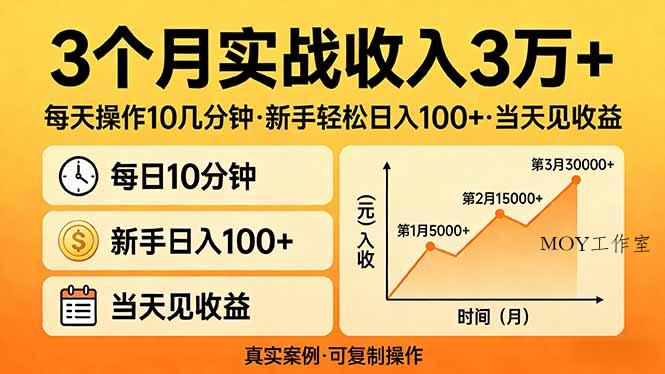 3个月实战收入3万+，每天操作10几分钟，新手轻松日入100+，当天见收益-墨昀爱搬砖