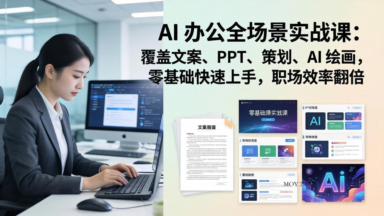 AI 办公全场景实战课：覆盖文案、PPT、策划、AI 绘画，零基础快速上手，职场效率翻倍-墨昀爱搬砖