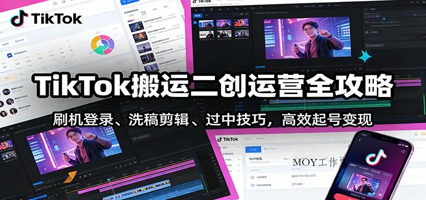 TikTok搬运二创运营全攻略：刷机登录、洗稿剪辑 、过中技巧，高效起号变现-墨昀爱搬砖