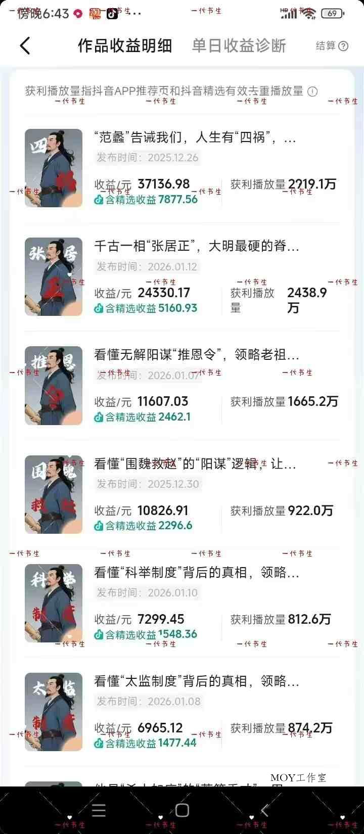 抖音300w粉丝博主的政史类科普视频教学，有大流量扶持，拿伙伴伙伴+精选独家双份收益-墨昀爱搬砖