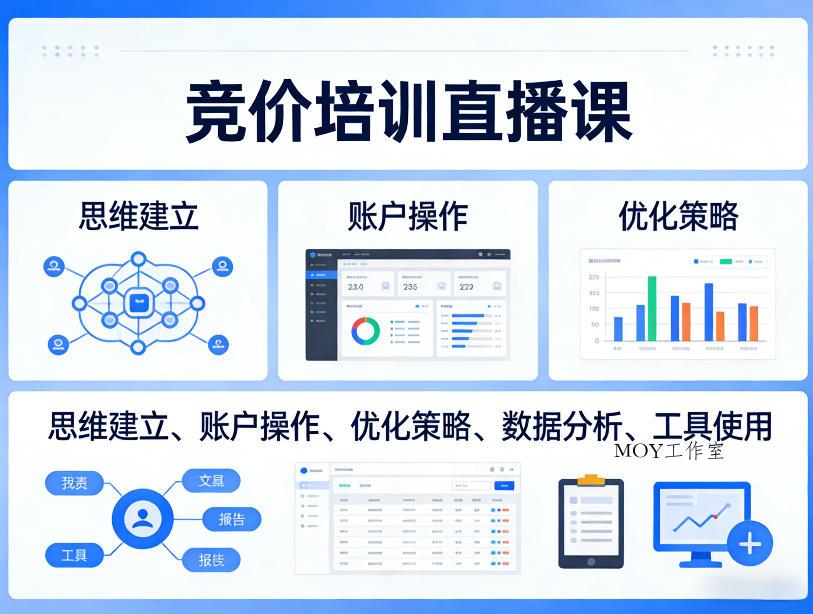 竞价培训直播课，覆盖思维建立、账户操作、优化策略、数据分析、工具使用等，全方位提升效果-墨昀爱搬砖