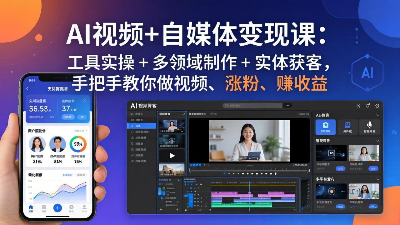 AI视频+自媒体变现课：工具实操 + 多领域制作 + 实体获客，手把手教你做视频、涨粉、赚收益-墨昀爱搬砖