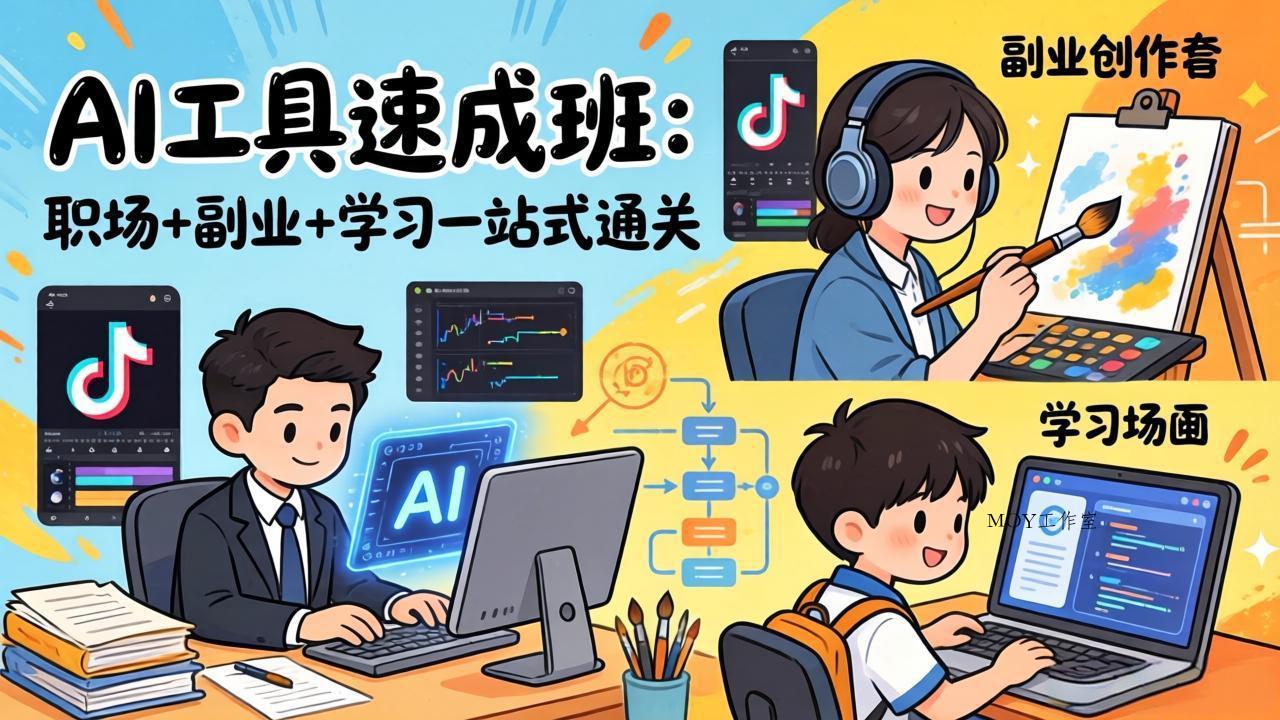 AI工具速成班：职场+副业+学习一站式通关，20+爆款类型+剪映技巧+抖音算法，0基础快速上手-墨昀爱搬砖